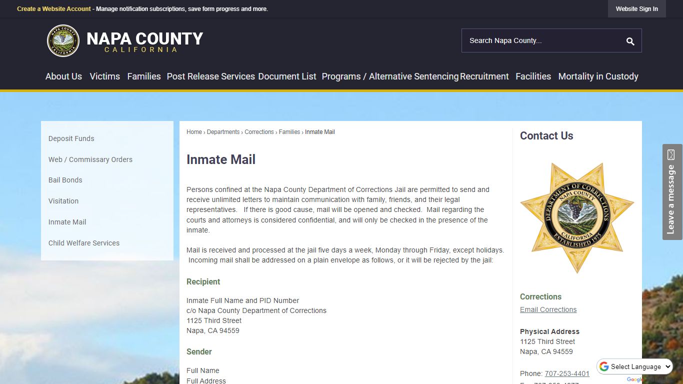 Inmate Mail | Napa County, CA